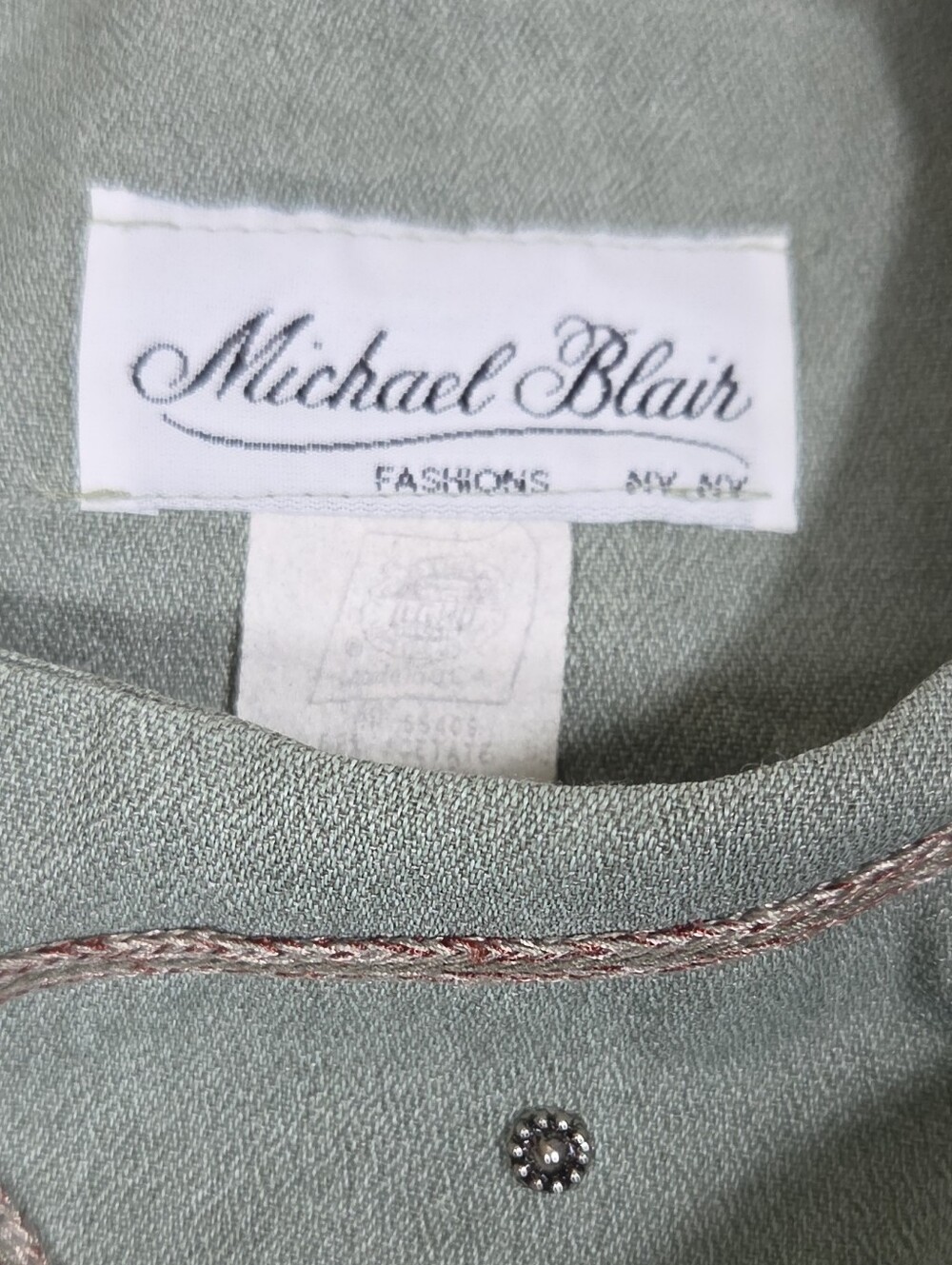 Vintage Michael Blair Sage Green Midi Dress with Embellished Neckline - Picture 5 of 11